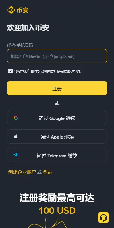 手机屏幕宽度下的币安注册页，表单与电脑版相同
